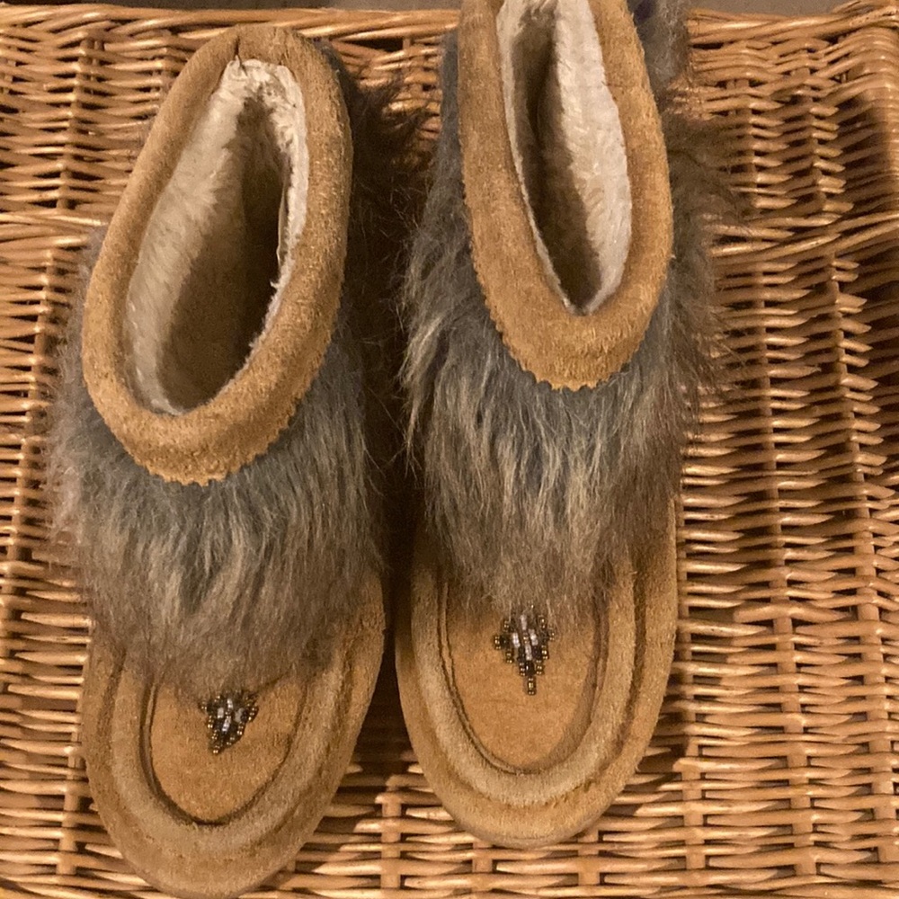 Real suede leather mukluk with faux fur and beading
